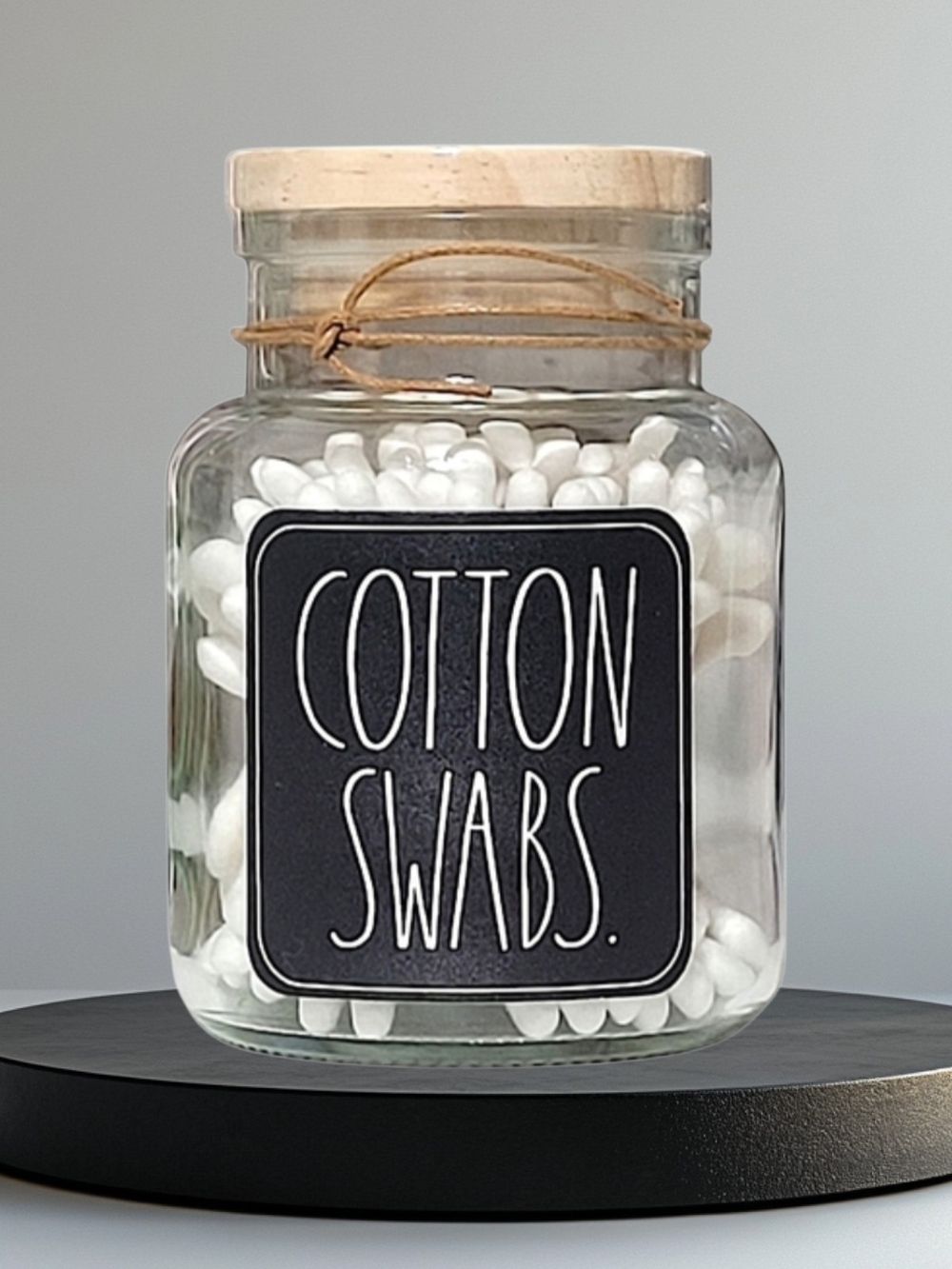 Rae Dunn 'COTTON SWABS' Clear Glass Black Label Jar 120 Count White Cotton Swabs